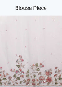 Powder White Saree In Organza With Multi Colored Sequins And Pita Zari Embroidered Floral Motifs On The Border