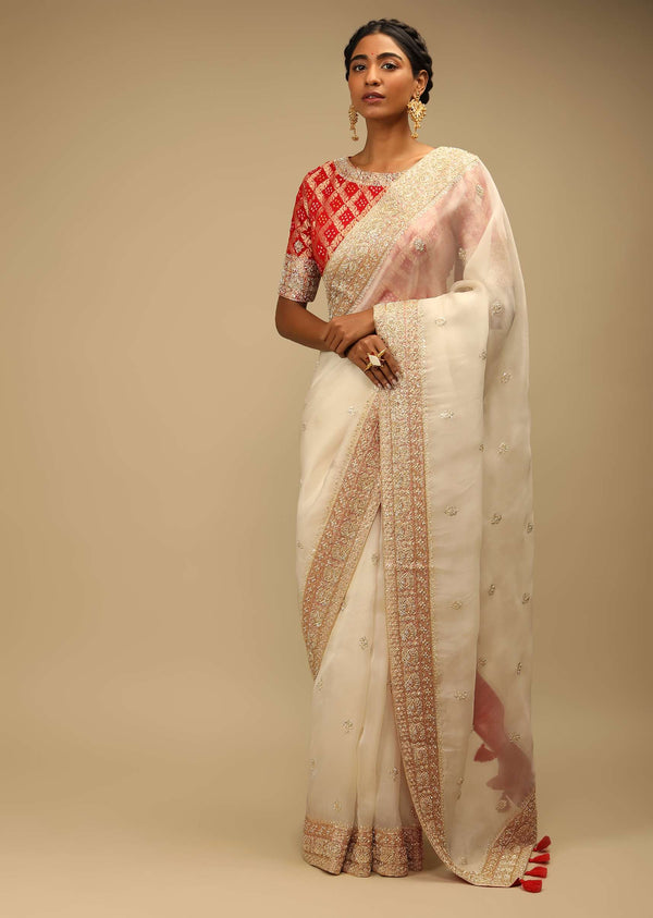 Powder White Saree In Organza With Zardosi Border And Bandhani Printed Ready Blouse