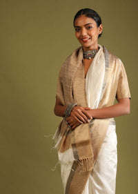 Powder White Saree In Tussar Silk With A Contrasting Woven Golden Border And Textured Tussar Detailing On The Pallu