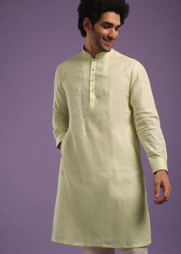 Powder Yellow Kurta In Linen With Yoke Embroidery