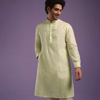 Powder Yellow Kurta In Linen With Yoke Embroidery