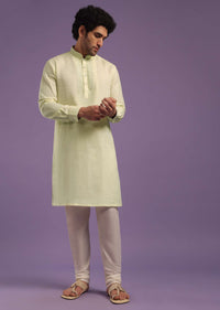 Powder Yellow Kurta In Linen With Yoke Embroidery