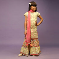 Kalki Girls Powder Yellow Sharara Suit In Cotton With Bandhani Print