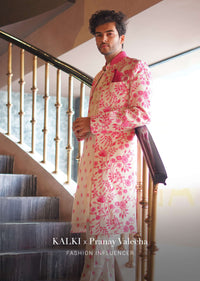 Candy Pink Sherwani Set With Open Floral Jacket