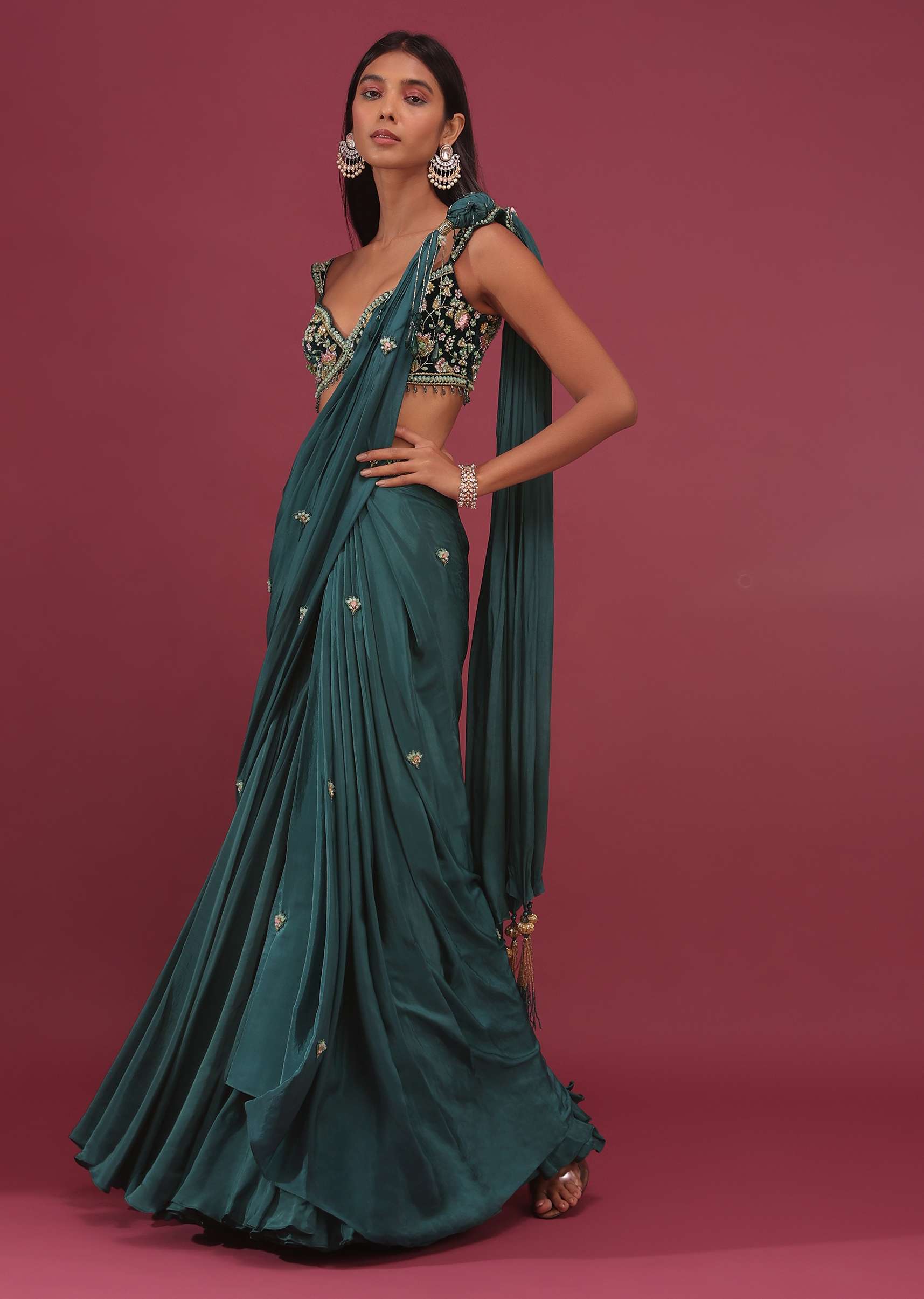 Pre-Pleated Emerald Green Saree With Floral Buttis And A Embroidered Blouse - NOOR 2022