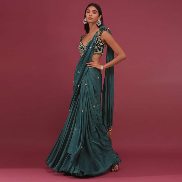 Pre-Pleated Emerald Green Saree With Floral Buttis And A Embroidered Blouse - NOOR 2022