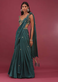 Emerald Green Pre-Pleated Saree With Floral Buttis And Embroidered Blouse - NOOR 2022