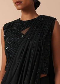 Pre Stitched Black Georgette Saree With Cut Dana Embellishments