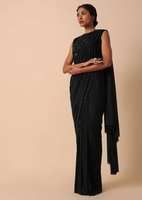 Pre Stitched Black Georgette Saree With Cut Dana Embellishments