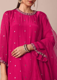 Pretty Pink Chiffon Embroidered Kurta With Dupatta And Palazzo Set