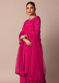 Pretty Pink Chiffon Embroidered Kurta With Dupatta And Palazzo Set