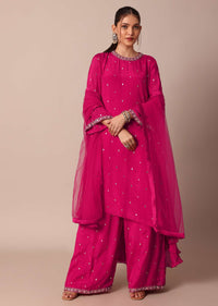 Pretty Pink Chiffon Embroidered Kurta With Dupatta And Palazzo Set