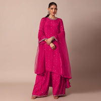 Pretty Pink Chiffon Embroidered Kurta With Dupatta And Palazzo Set