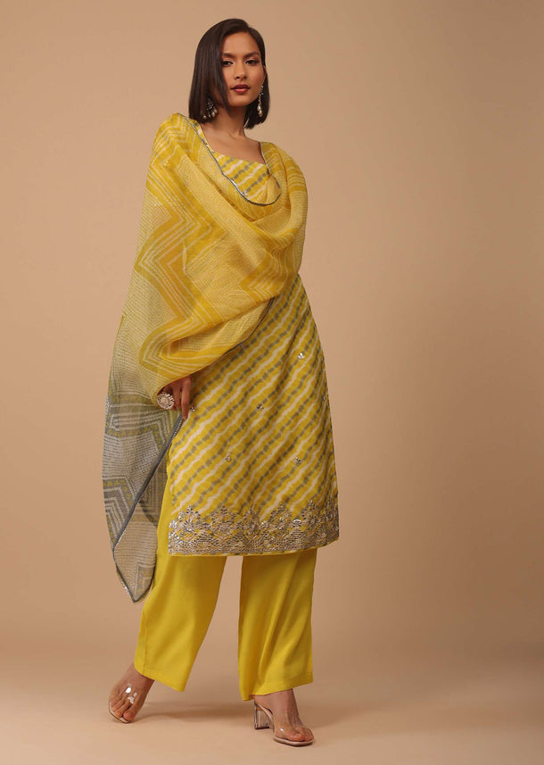 Marigold Yellow Embroidered Leheriya Printed Cotton Palazzo Suit With Printed Dupatta