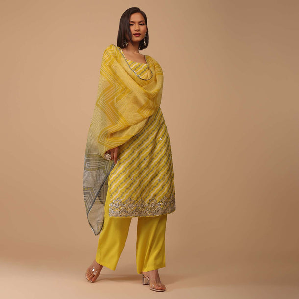 Marigold Yellow Embroidered Leheriya Printed Cotton Palazzo Suit With Printed Dupatta