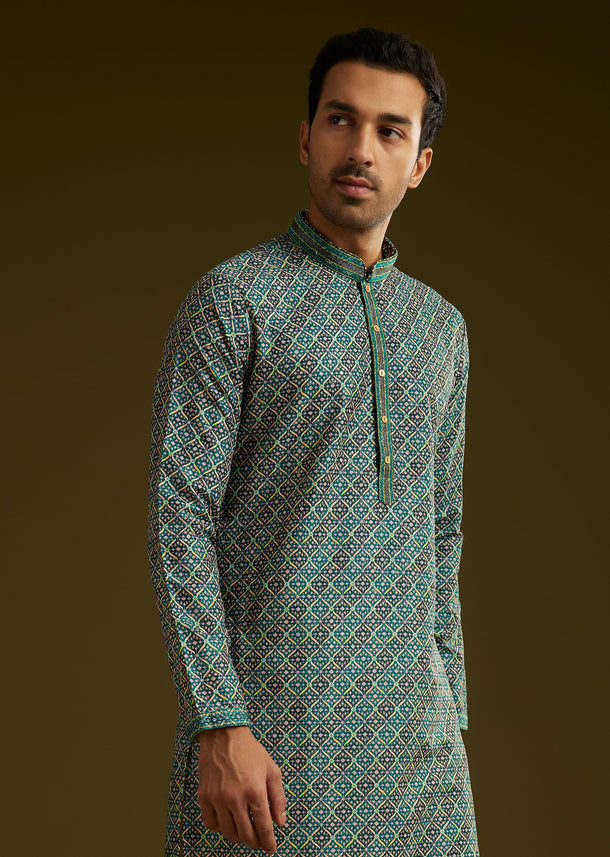Printed Silk Kurta Set In Peacock Blue