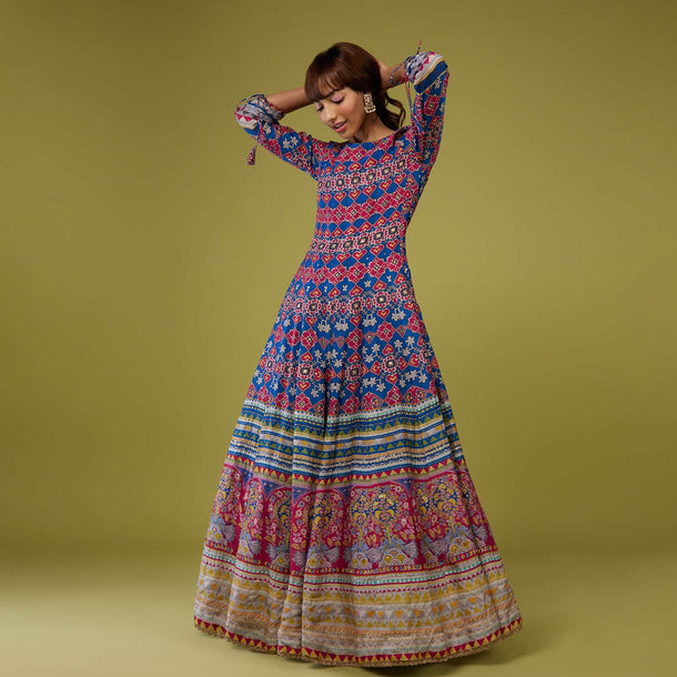 Multicolored Flared Anarkali Kurti In Silk