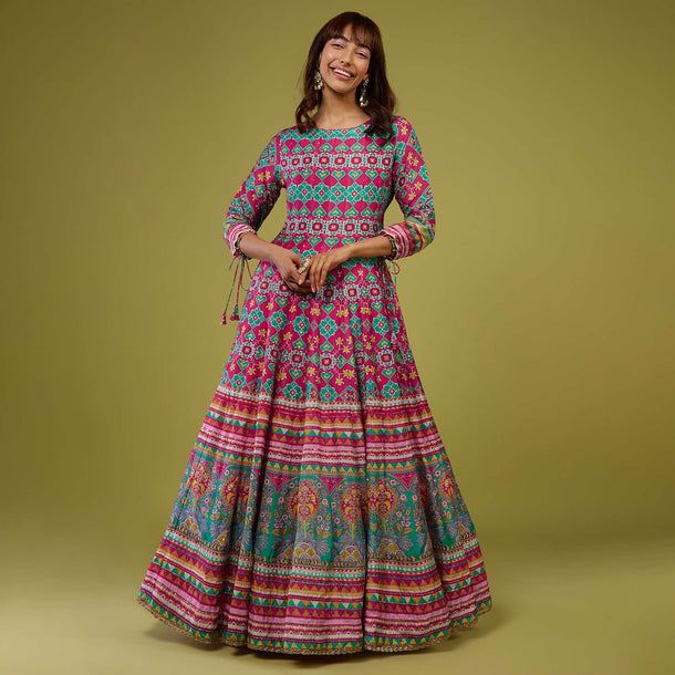 Azalea Pink Flared Anarkali Gown In Silk