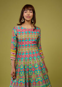 Turq Blue Flared Anarkali Kurti In Silk With Multicolor Print