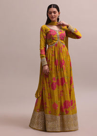 Printed Yellow Gotta Patti Embroidered Anarkali Set With Pants And Dupatta