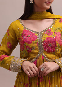 Printed Yellow Gotta Patti Embroidered Anarkali Set With Pants And Dupatta