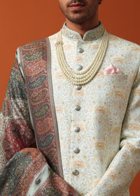 Pristine White Collar Embroidered Sherwani With Pashmina Dupatta