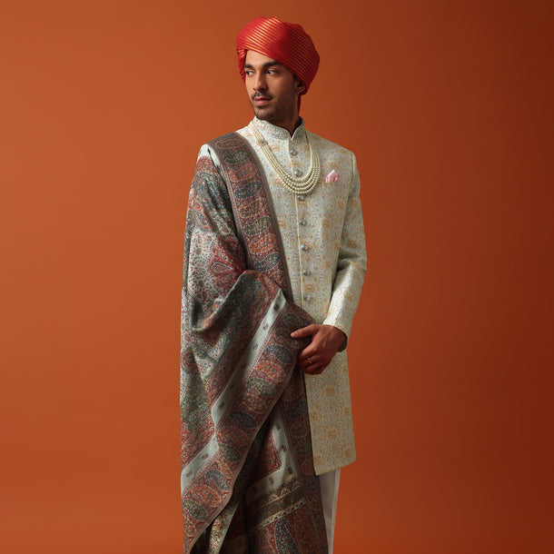 Pristine White Collar Embroidered Sherwani With Pashmina Dupatta