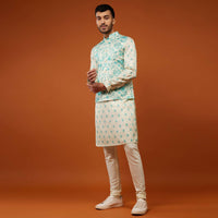 Beige White Bandi Jacket Set With Blue Floral Print In Cotton Silk