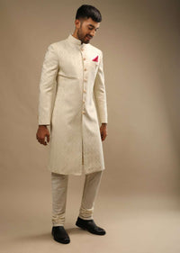 Pristine White Sherwani Set In Silk With Self Thread Embroidered Moroccan Jaal And Contrasting Pink Pocket Square