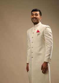 Pristine White Sherwani Set In Silk With Self Thread Embroidered Moroccan Jaal And Contrasting Pink Pocket Square