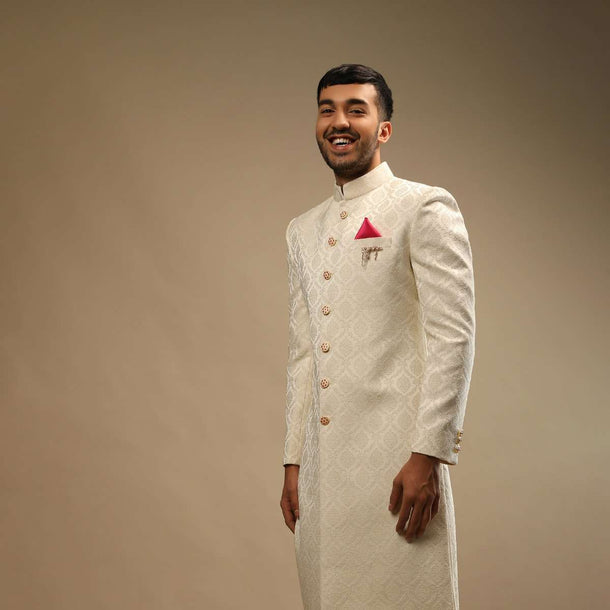 Pristine White Sherwani Set In Silk With Self Thread Embroidered Moroccan Jaal And Contrasting Pink Pocket Square