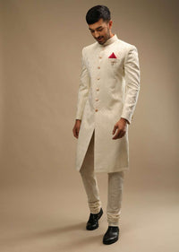 Pristine White Sherwani Set In Silk With Self Thread Embroidered Moroccan Jaal And Contrasting Pink Pocket Square