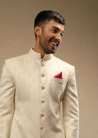 Pristine White Sherwani Set In Silk With Self Thread Embroidered Moroccan Jaal And Contrasting Pink Pocket Square