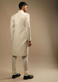 Pristine White Sherwani Set In Silk With Self Thread Embroidered Moroccan Jaal And Contrasting Pink Pocket Square