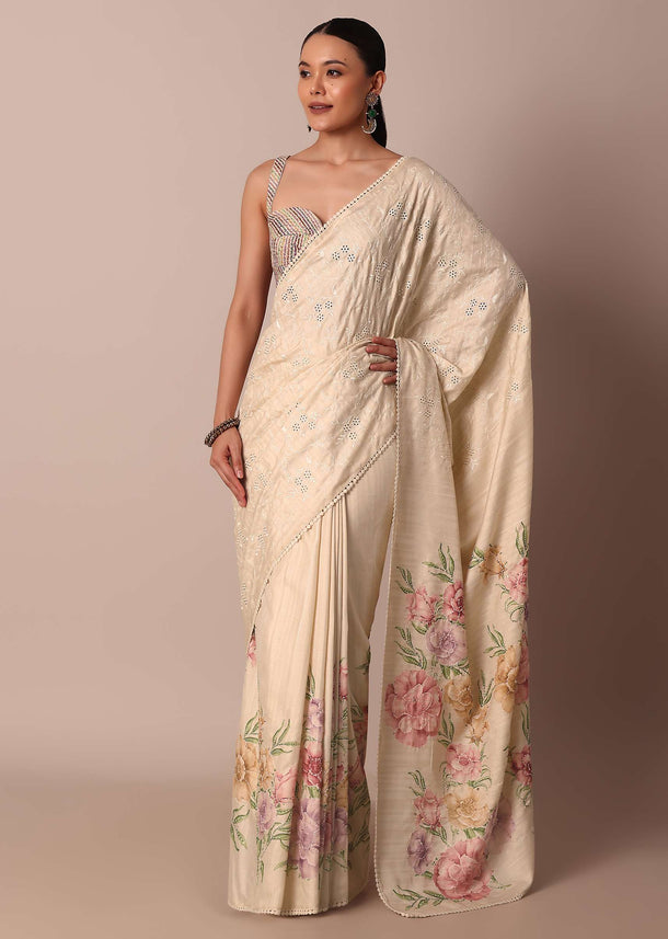 Pristine White Silk Saree With Floral Cutwork And Printed Pallu