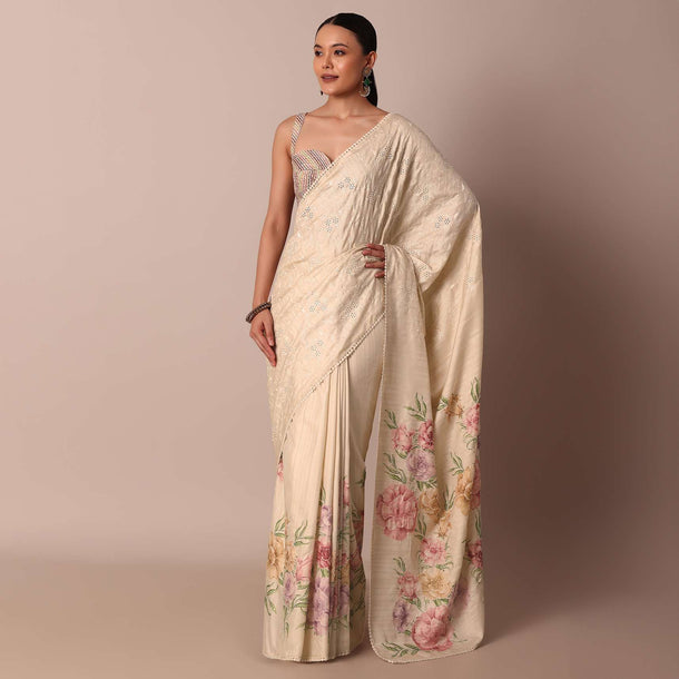 Pristine White Silk Saree With Floral Cutwork And Printed Pallu