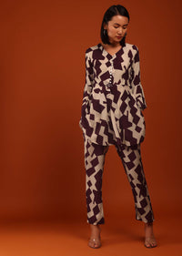 Prune Purple And Bone White Printed Kurta With Matching Straight Pants