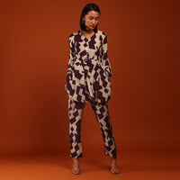 Prune Purple And Bone White Printed Kurta With Matching Straight Pants