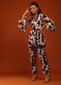 Prune Purple And Bone White Printed Kurta With Matching Straight Pants