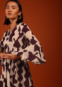 Prune Purple And Bone White Printed Kurta With Matching Straight Pants