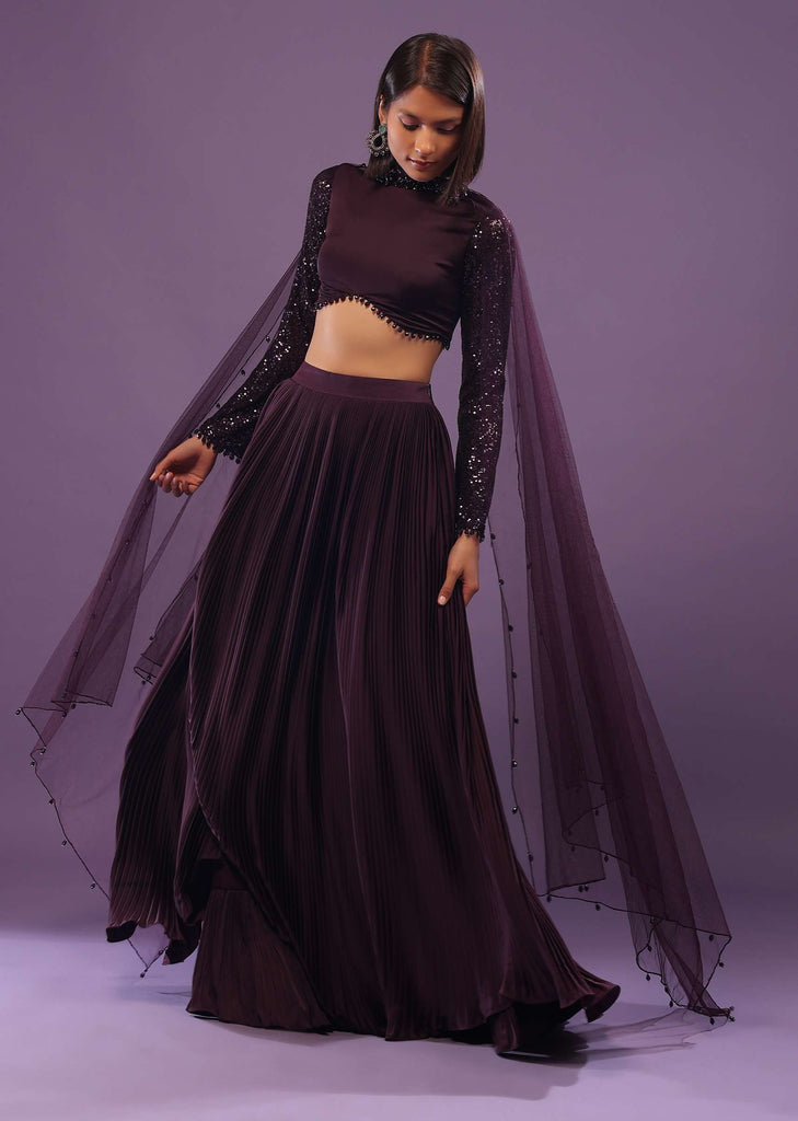 Wine Purple Embroidered Lehenga Set In Satin