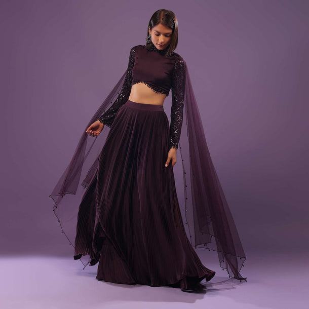 Wine Purple Embroidered Lehenga Set In Satin