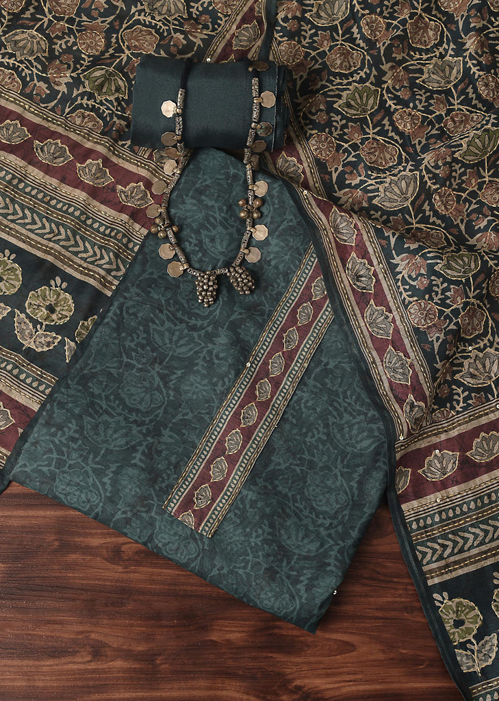 Prussian Blue Kalamkari Printed With Katha Embroidery Silk Unstitched Dress Material