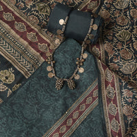 Prussian Blue Kalamkari Printed With Katha Embroidery Silk Unstitched Dress Material