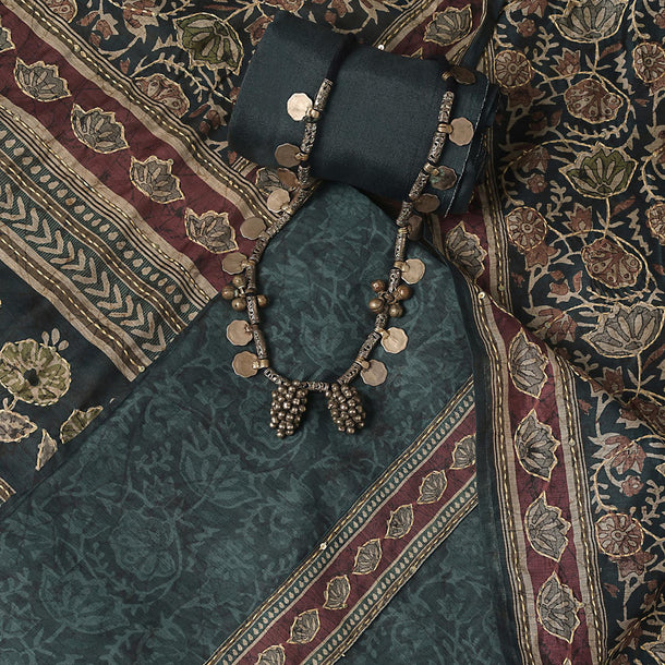 Prussian Blue Kalamkari Printed With Katha Embroidery Silk Unstitched Dress Material