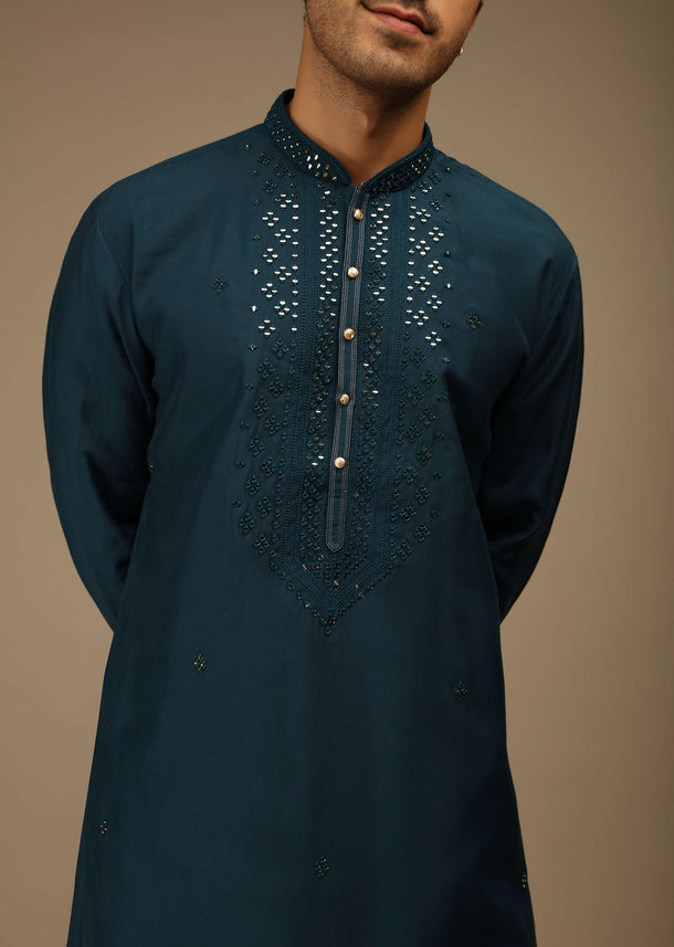 Prussian Blue Kurta Set In Silk With Resham And Mirror Abla Embroidered Yoke Design