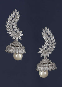 Silver Plated Contemporary Earrings In Floral And Leaf Motifs With Stones And Dangling Pearl Online - Kalki Fashion