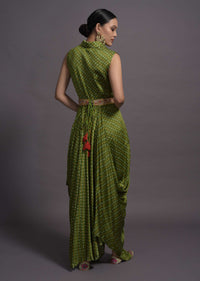 Green Satin Silk Cowl Dress With Bandhani Print