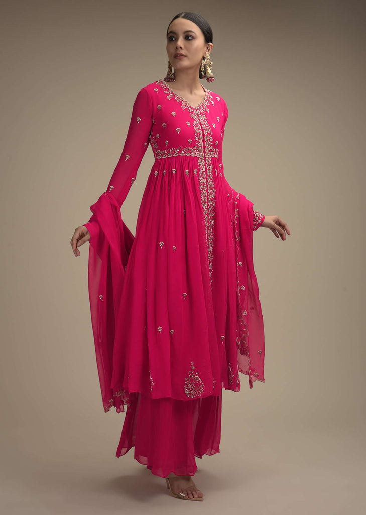 Hot Pink Palazzo Suit In Georgette With Cut Dana And Moti Embroidered Floral Buttis