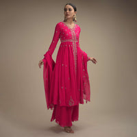 Hot Pink Palazzo Suit In Georgette With Cut Dana And Moti Embroidered Floral Buttis